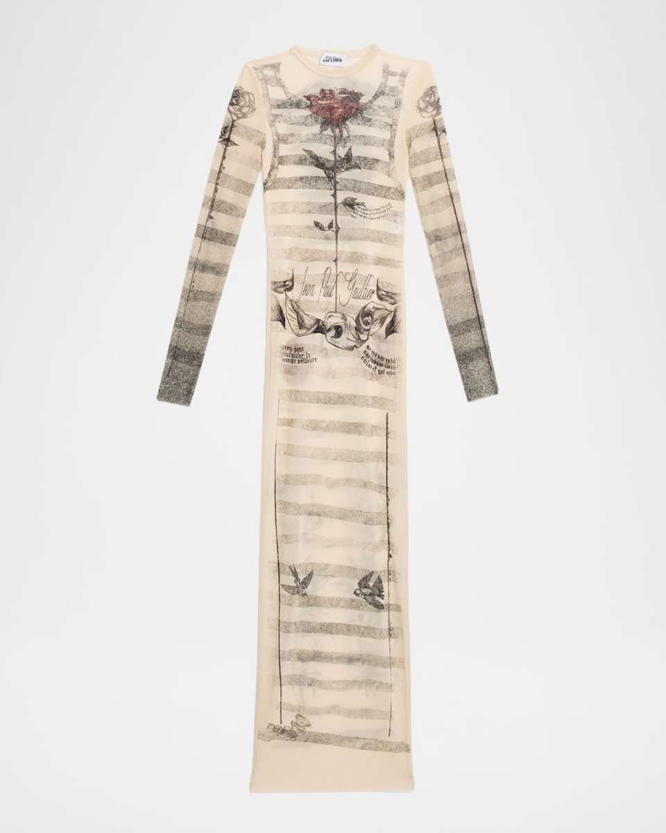 Tattoo Mariniere Mesh Long-Sleeve Maxi Dress